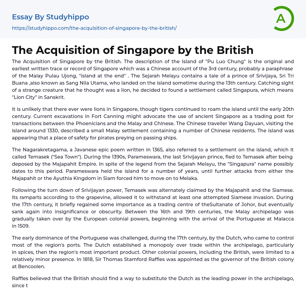 The Acquisition of Singapore by the British Essay Example