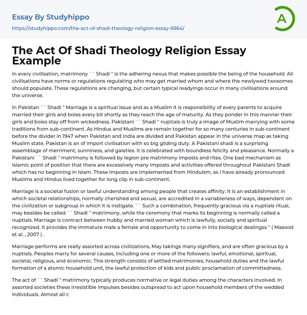 The Act Of Shadi Theology Religion Essay Example