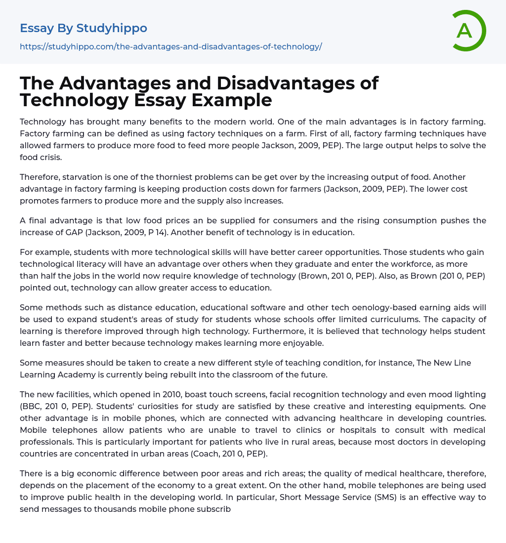 The Advantages and Disadvantages of Technology Essay Example
