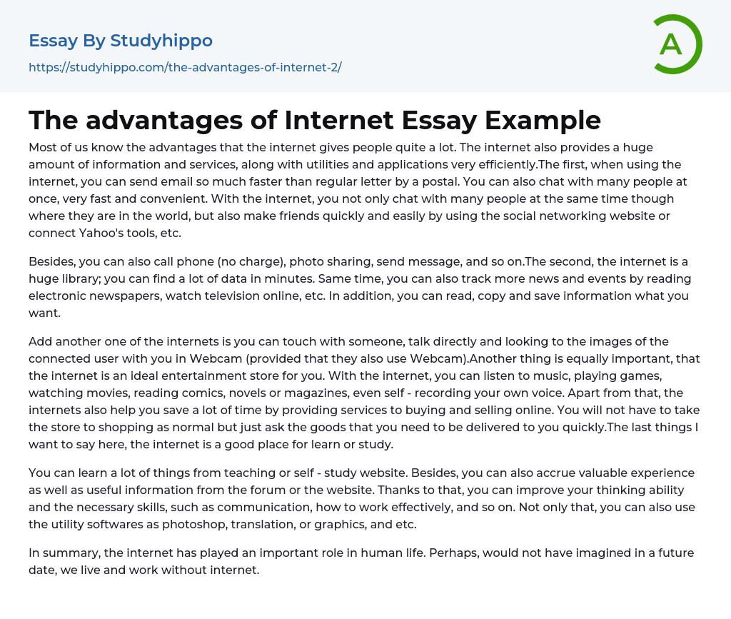 The advantages of Internet Essay Example