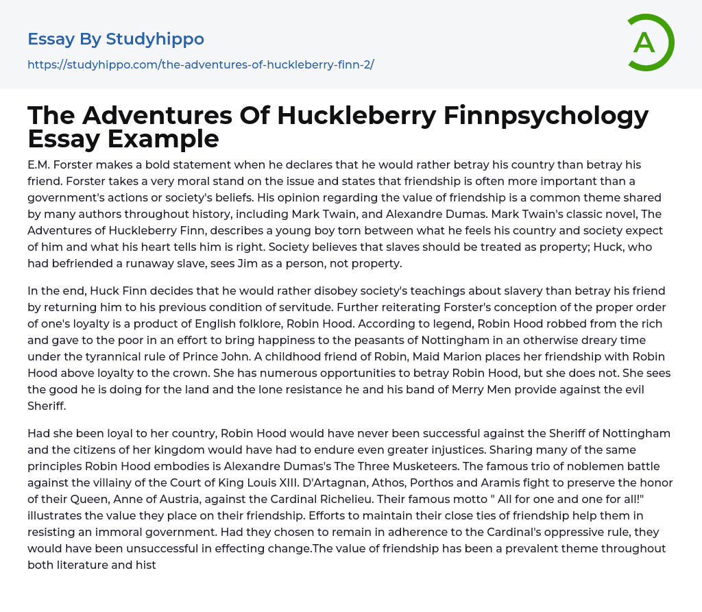 The Adventures Of Huckleberry Finnpsychology Essay Example