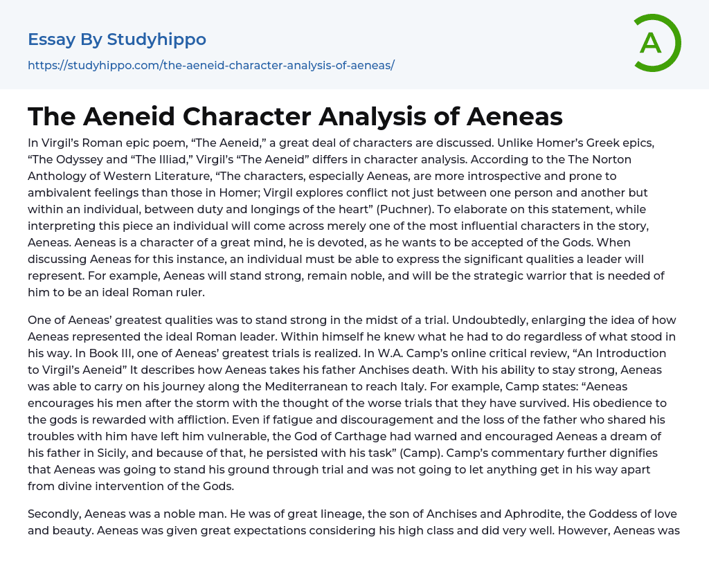 The Aeneid Character Analysis of Aeneas Essay Example