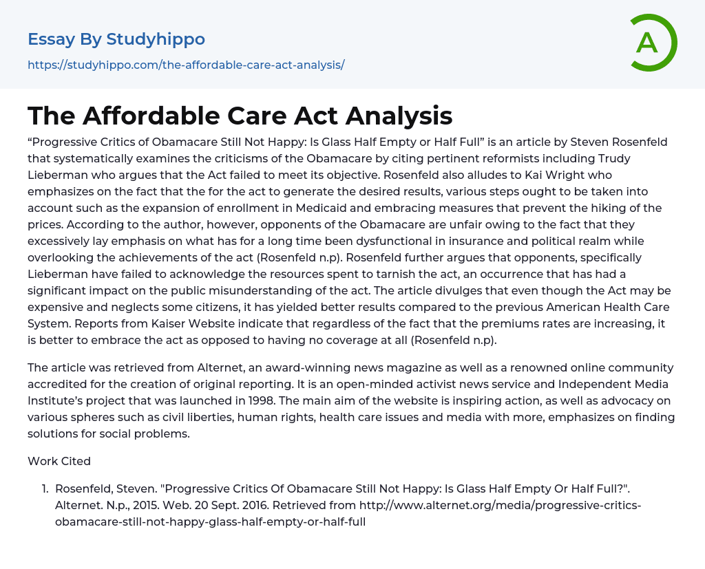 The Affordable Care Act Analysis Essay Example