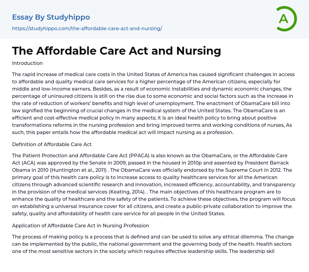 The Affordable Care Act and Nursing Essay Example