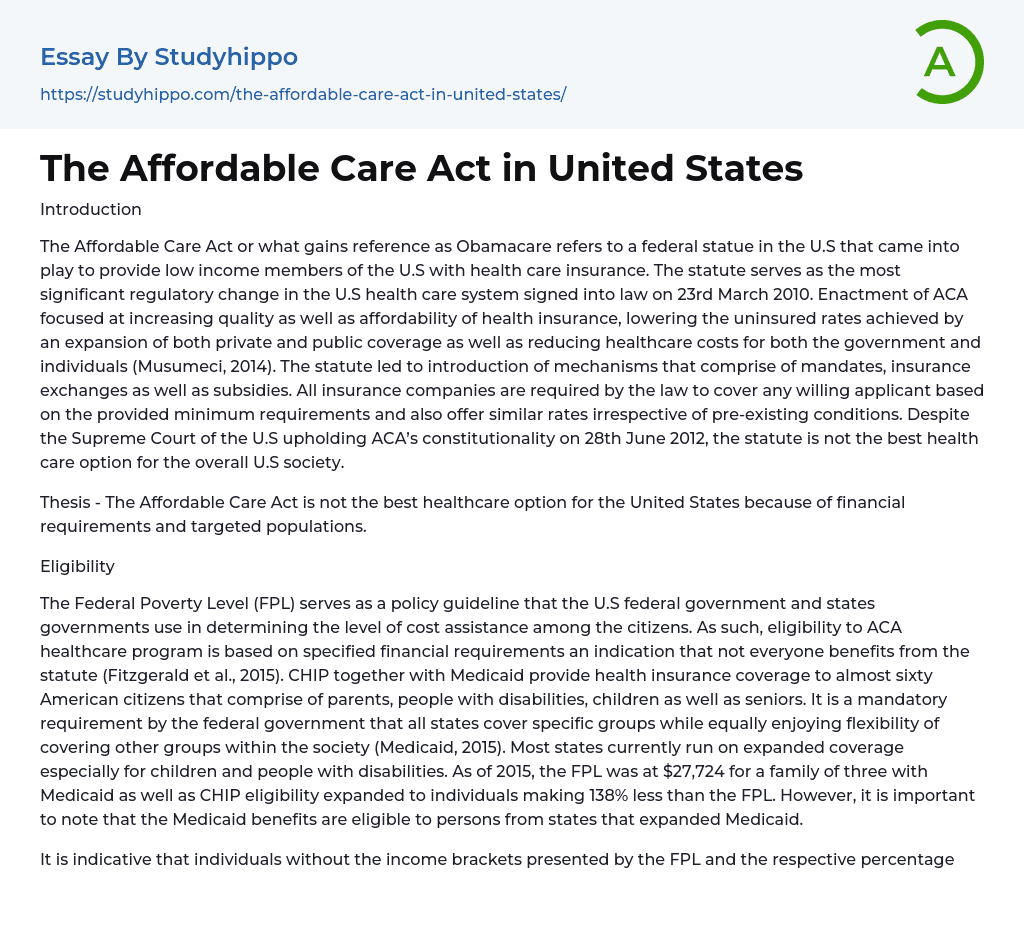 The Affordable Care Act in United States Essay Example