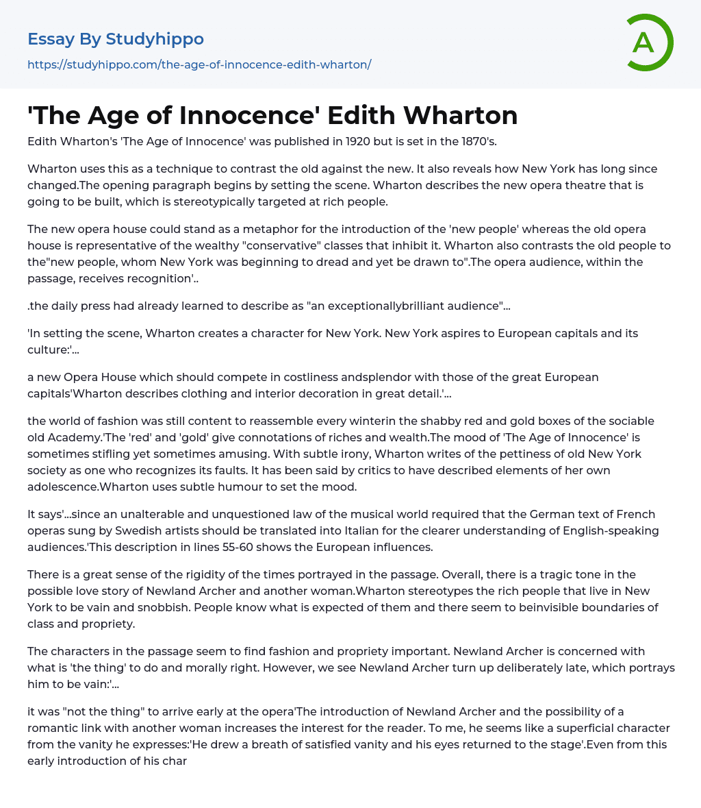 The Age of Innocence’ Edith Wharton Essay Example