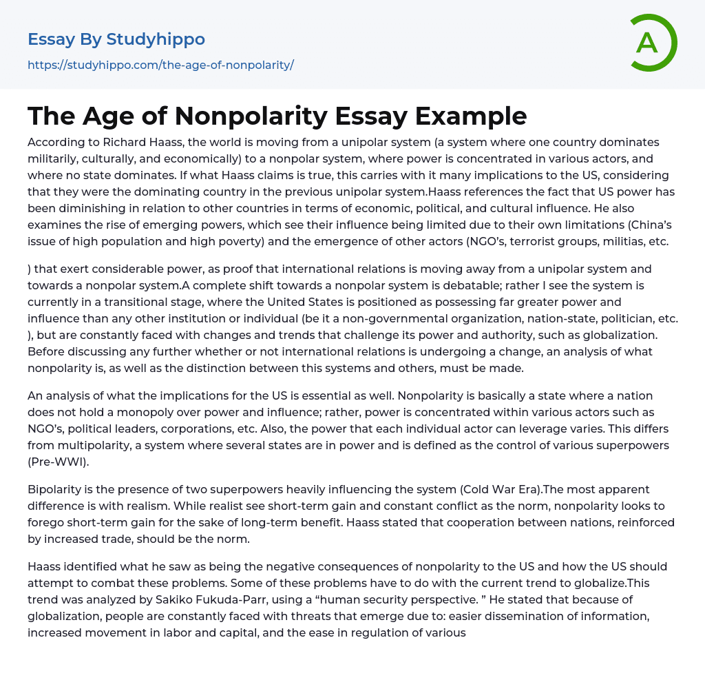 The Age of Nonpolarity Essay Example