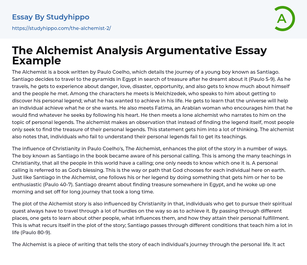 The Alchemist Analysis Argumentative Essay Example