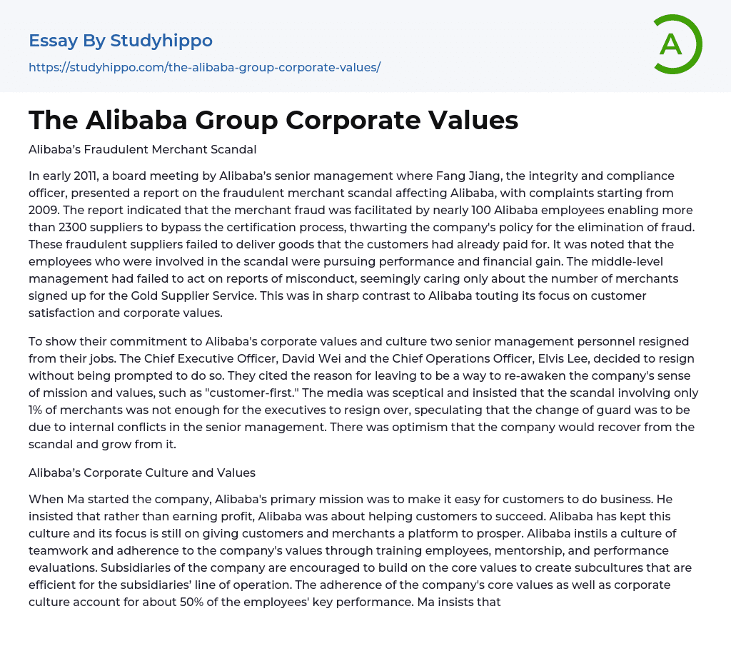 The Alibaba Group Corporate Values Essay Example