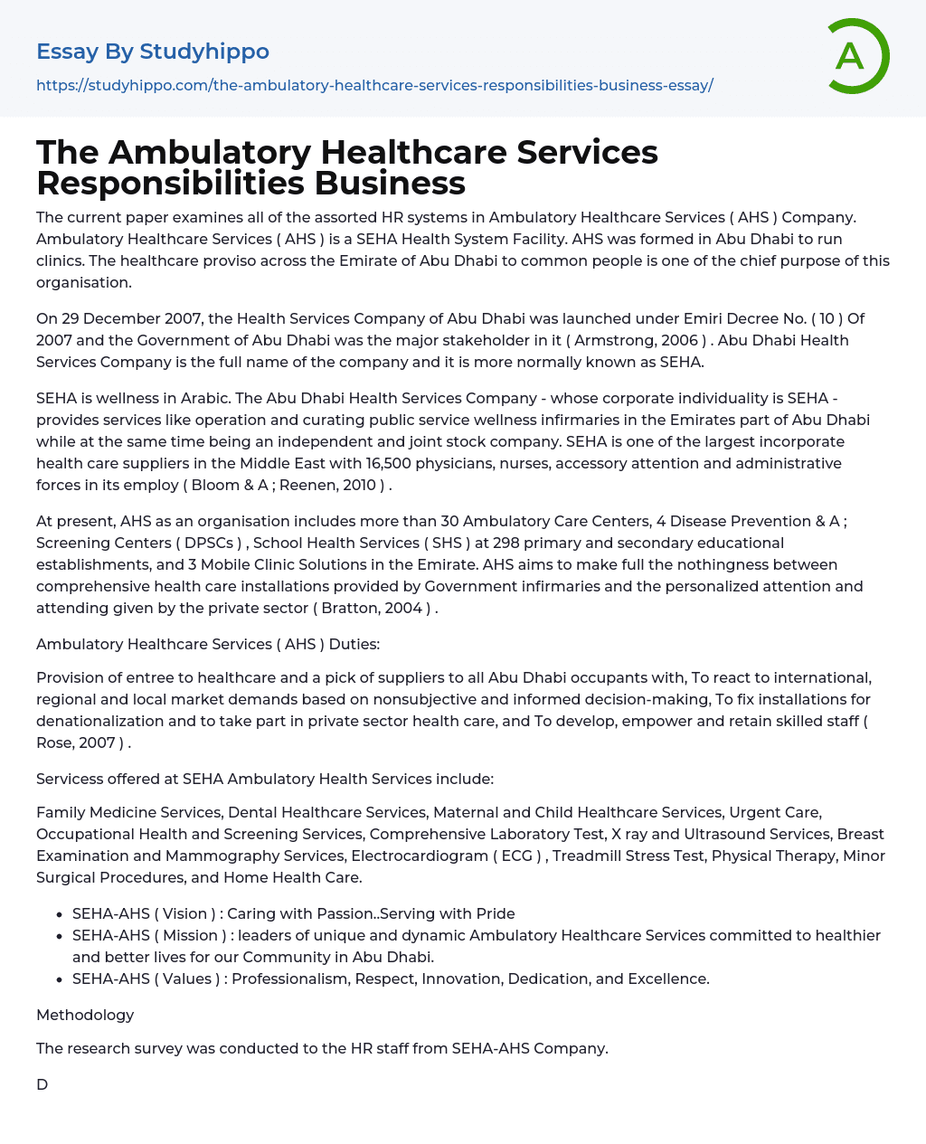 The Ambulatory Healthcare Services Responsibilities Business Essay Example