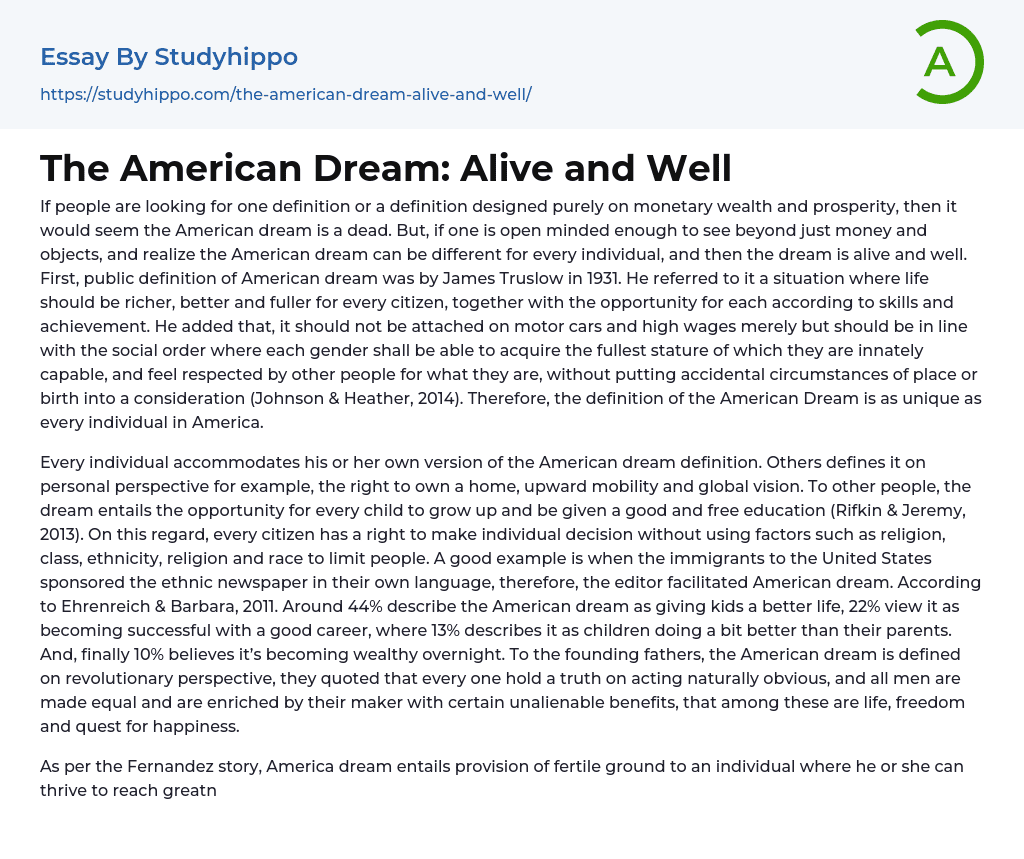 The American Dream: Alive and Well Essay Example