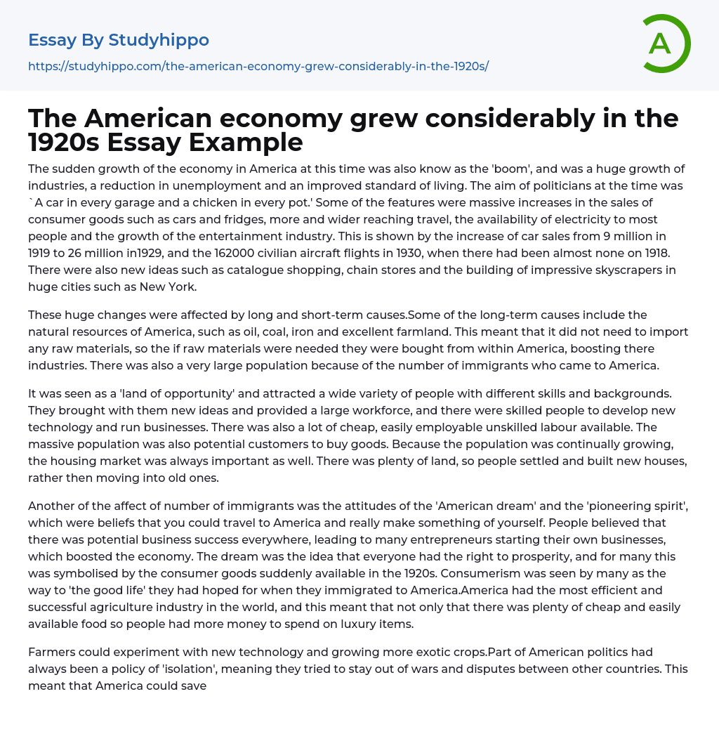 The American economy grew considerably in the 1920s Essay Example