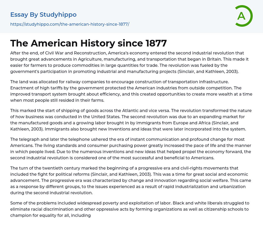 The American History since 1877 Essay Example