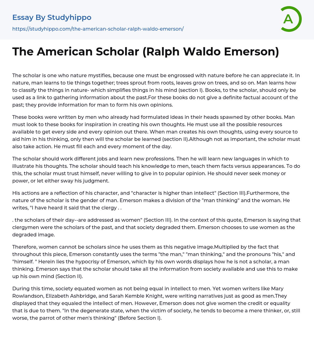 The American Scholar (Ralph Waldo Emerson) Essay Example