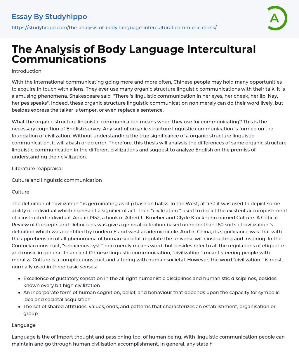 The Analysis of Body Language Intercultural Communications Essay Example