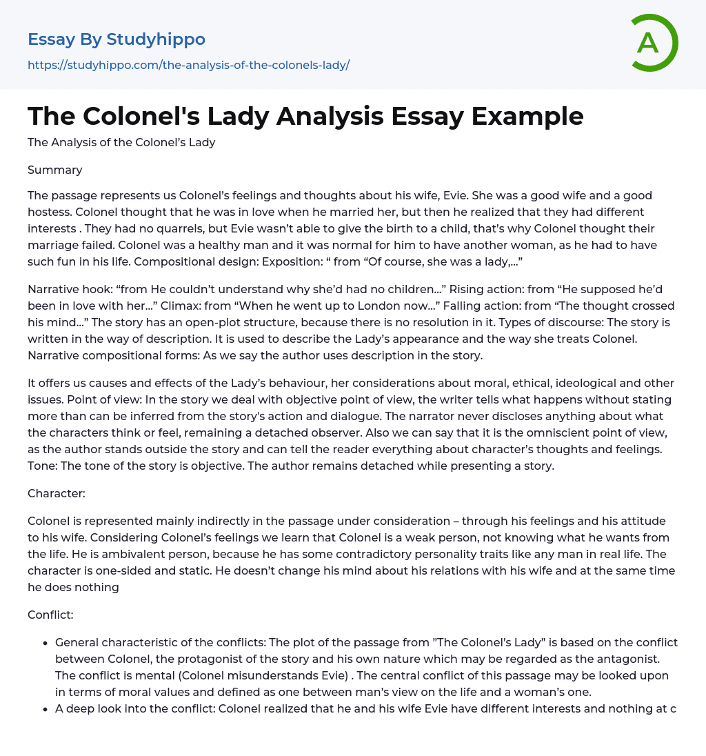The Colonel’s Lady Analysis Essay Example