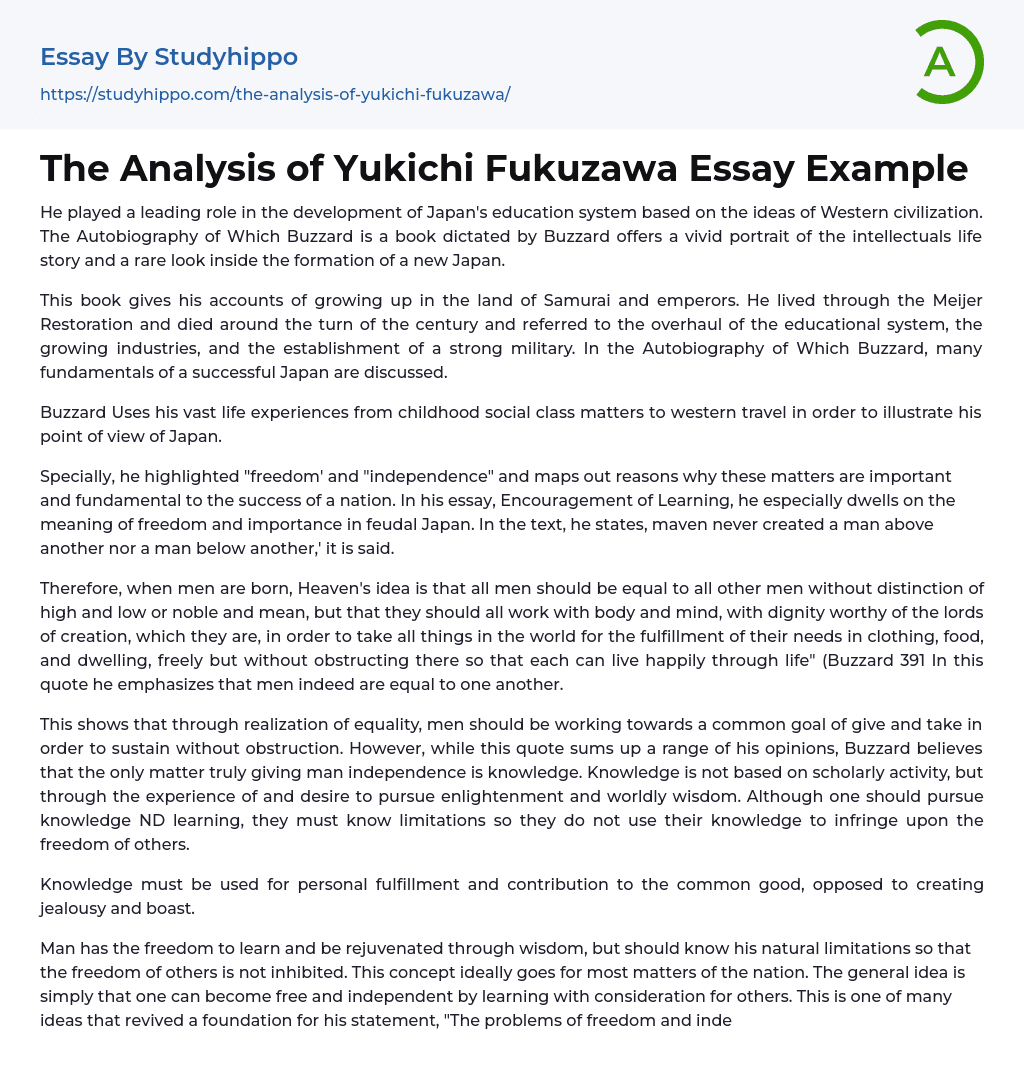 The Analysis of Yukichi Fukuzawa Essay Example