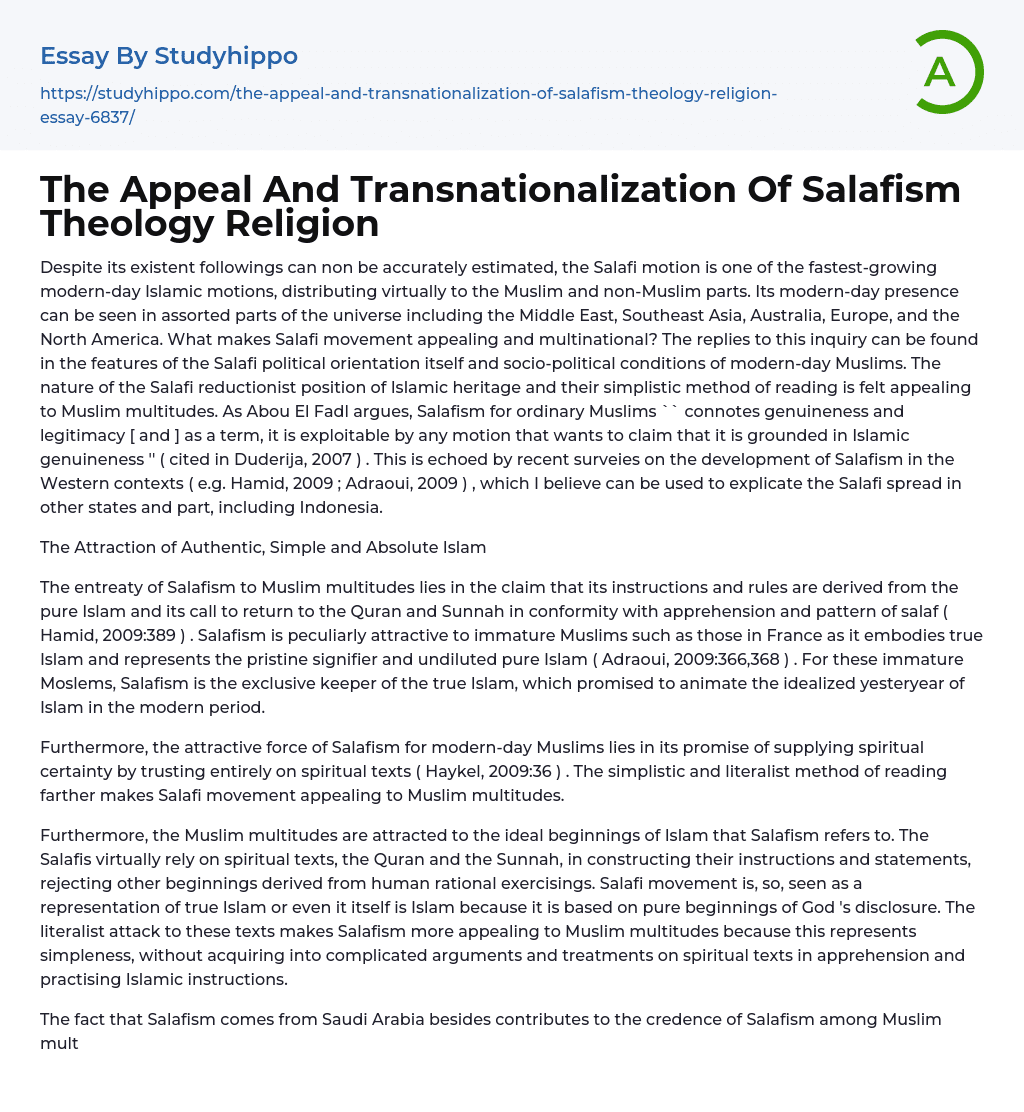 The Appeal And Transnationalization Of Salafism Theology Religion Essay Example