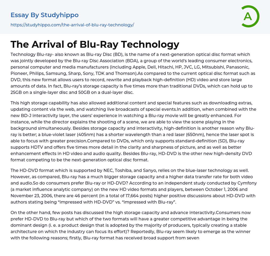 The Arrival of Blu-Ray Technology Essay Example