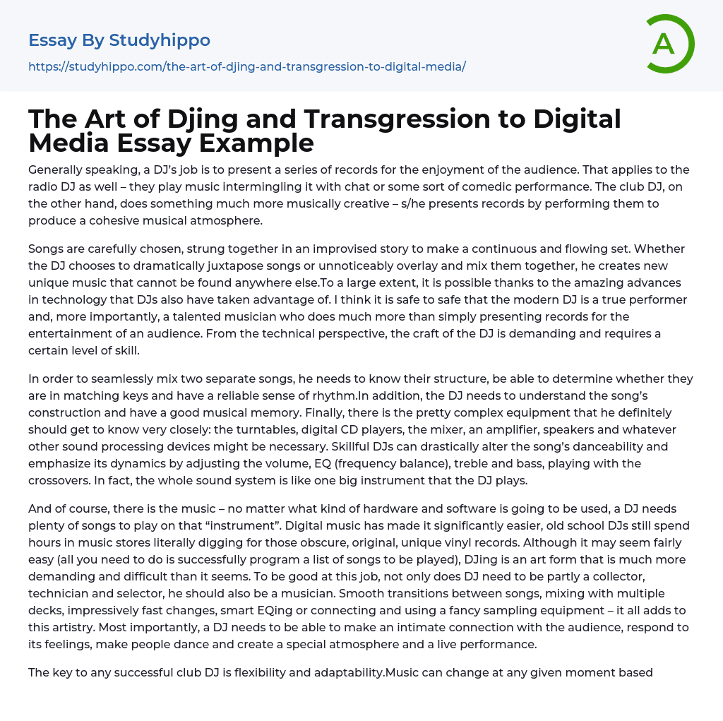 The Art of Djing and Transgression to Digital Media Essay Example