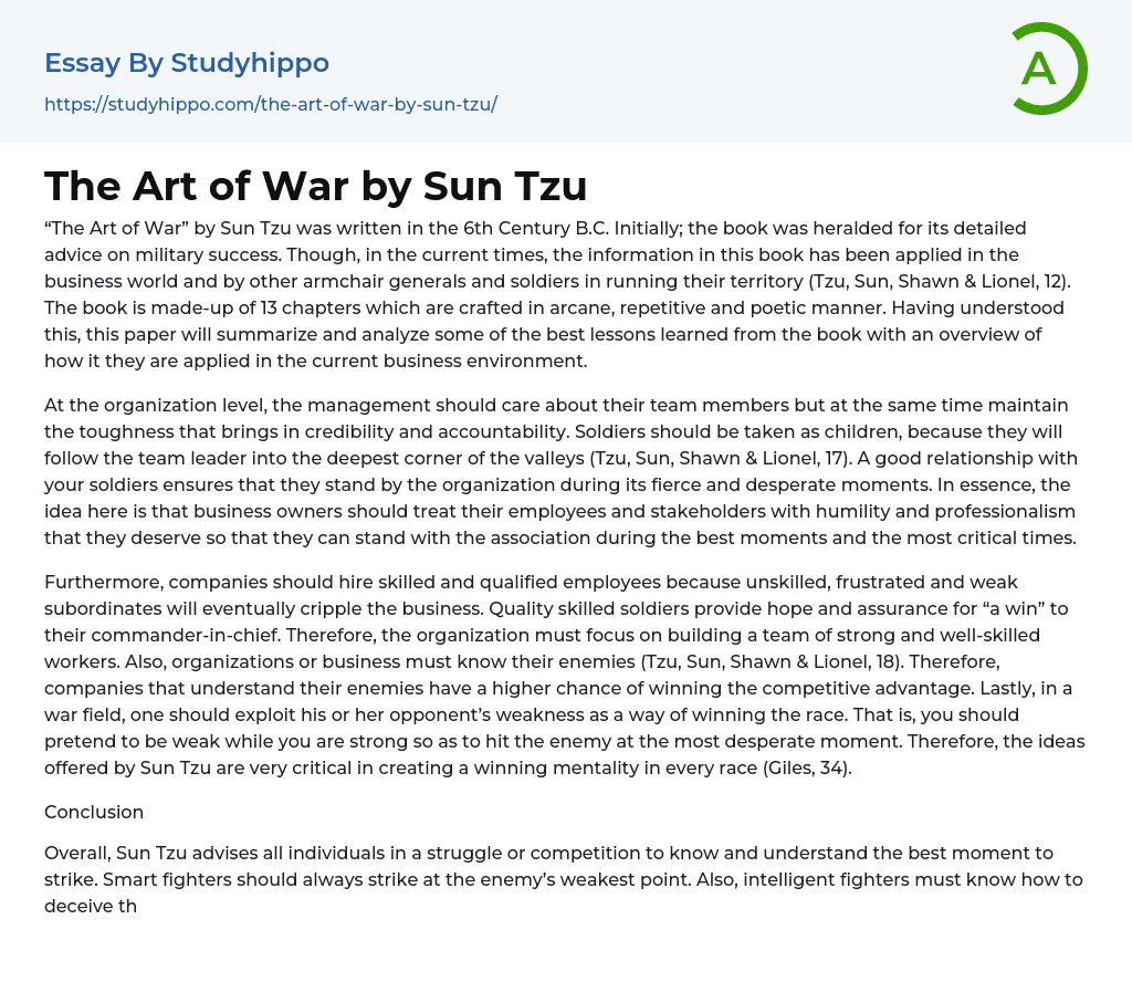 The Art of War by Sun Tzu Essay Example