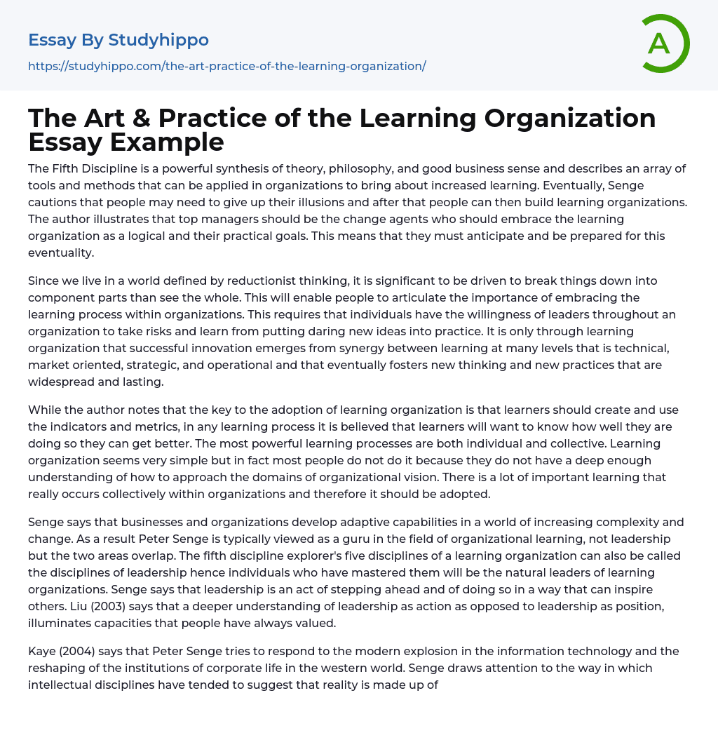 The Art & Practice of the Learning Organization Essay Example