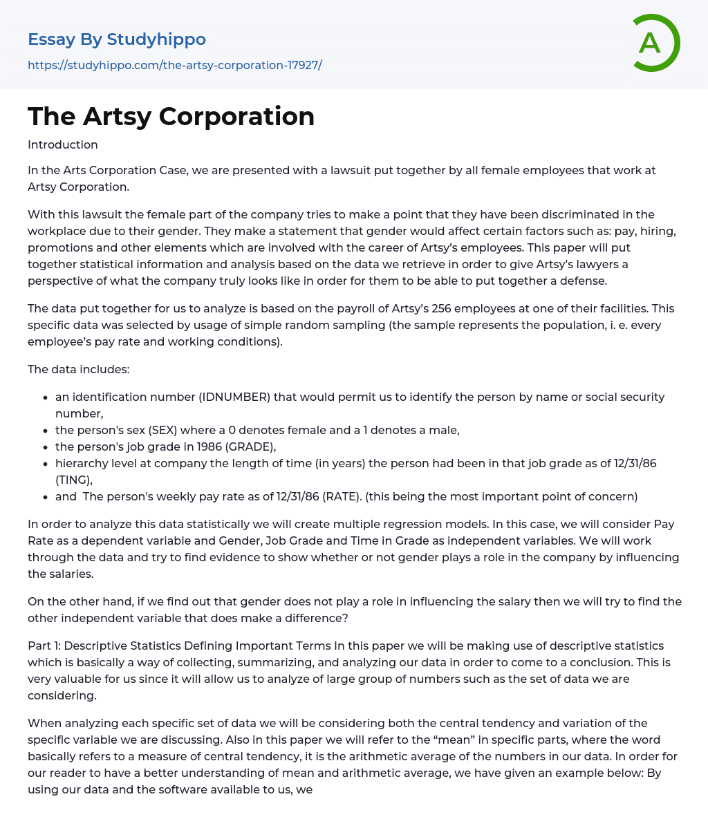 The Artsy Corporation Essay Example