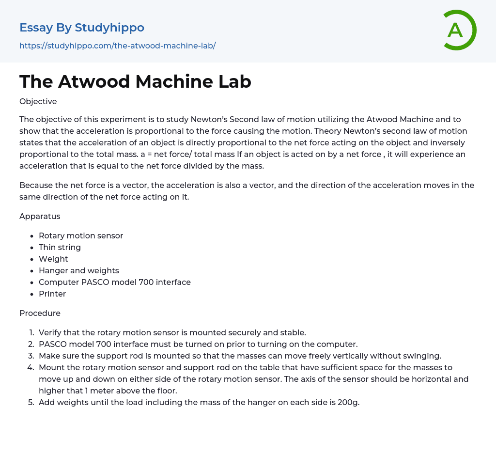 The Atwood Machine Lab Essay Example
