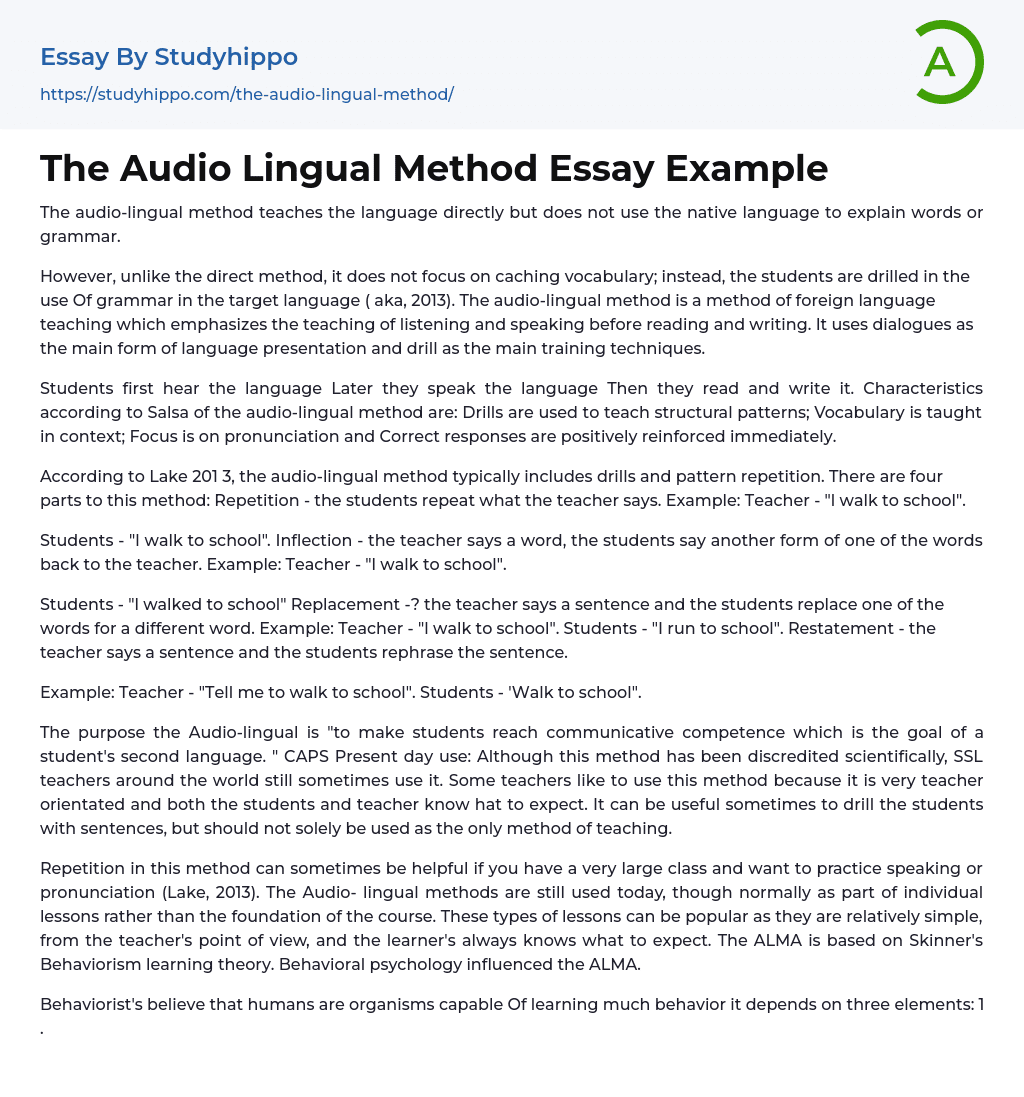 The Audio Lingual Method Essay Example