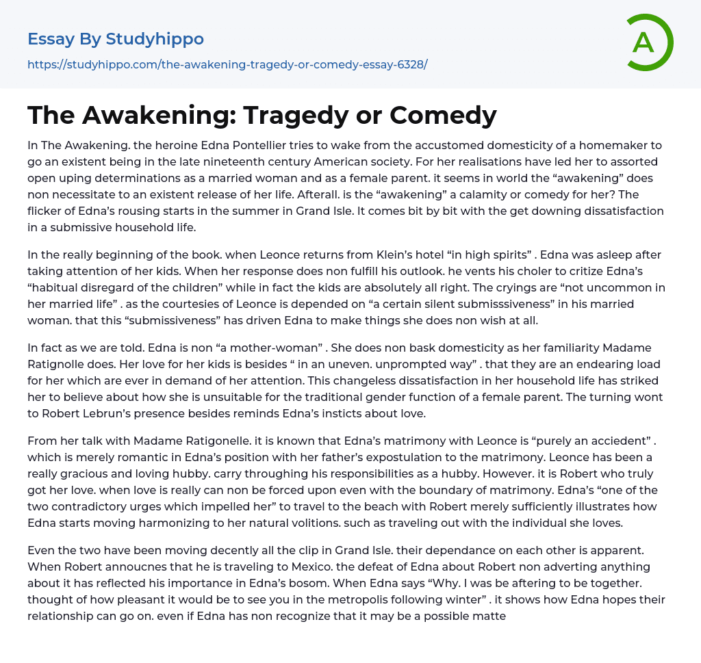 The Awakening: Tragedy or Comedy Essay Example