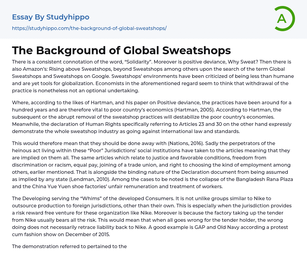 The Background of Global Sweatshops Essay Example