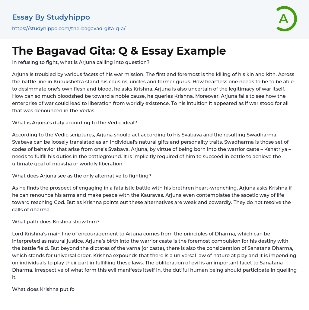 The Bagavad Gita: Q &#038 Essay Example