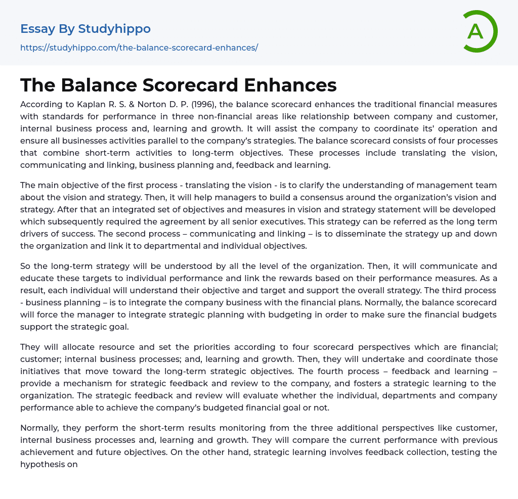 The Balance Scorecard Enhances Essay Example
