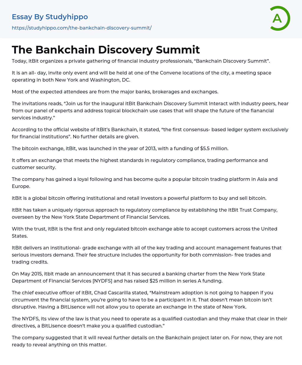 The Bankchain Discovery Summit Essay Example