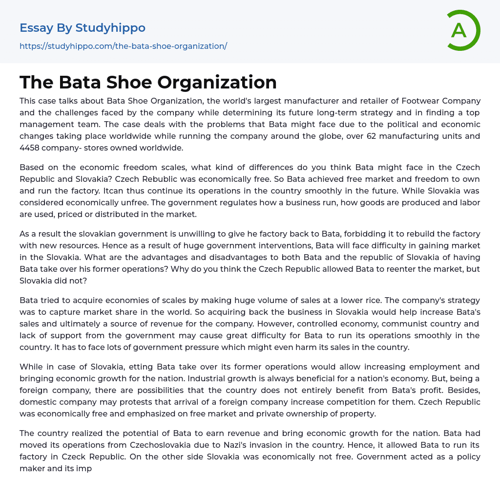 The Bata Shoe Organization Essay Example