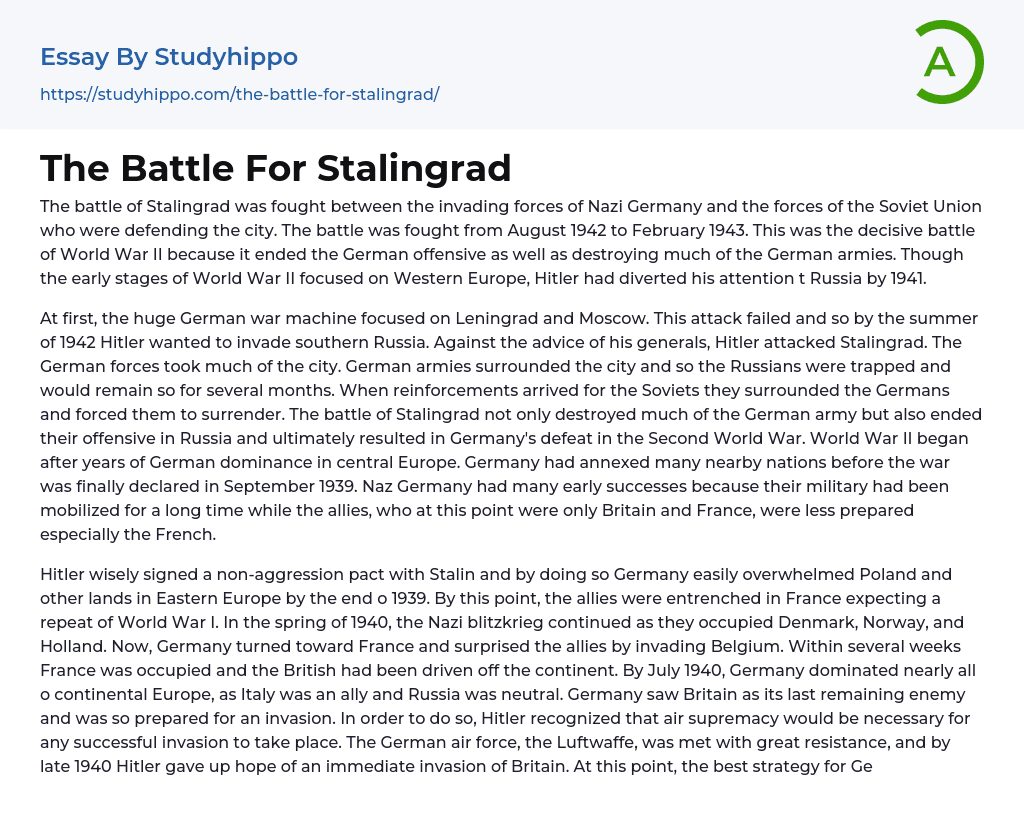 The Battle For Stalingrad Essay Example