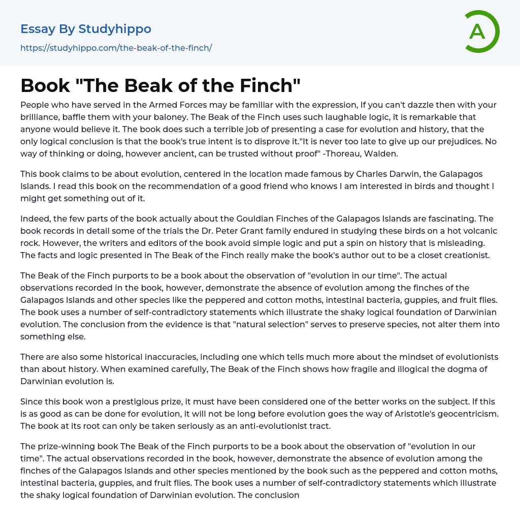 Book “The Beak of the Finch” Essay Example