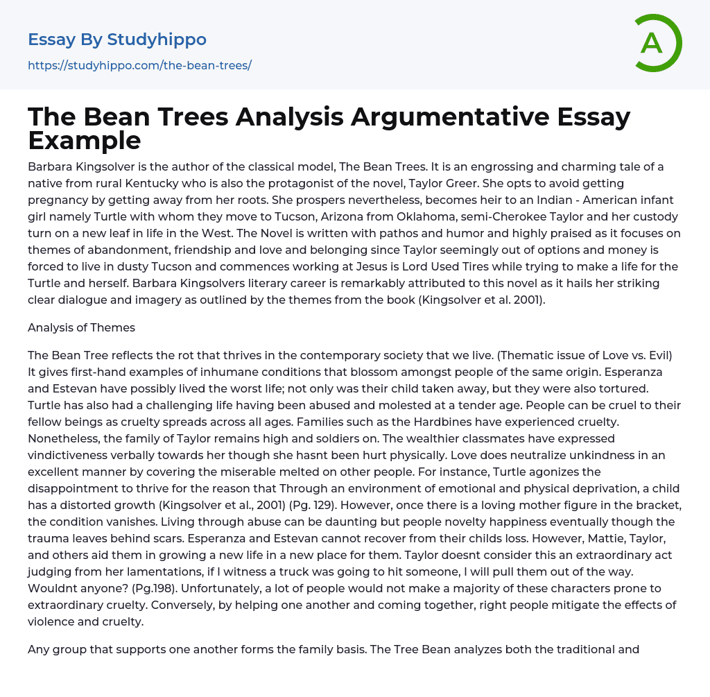 The Bean Trees Analysis Argumentative Essay Example