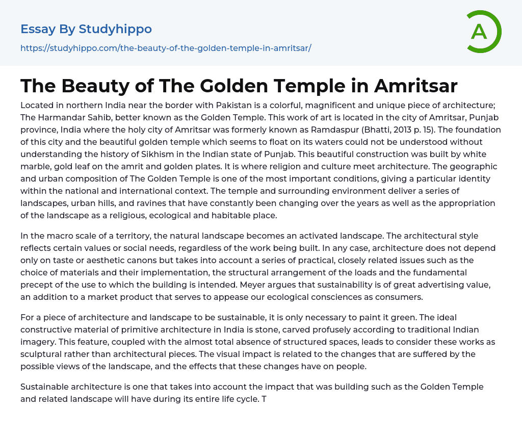 The Beauty of The Golden Temple in Amritsar Essay Example