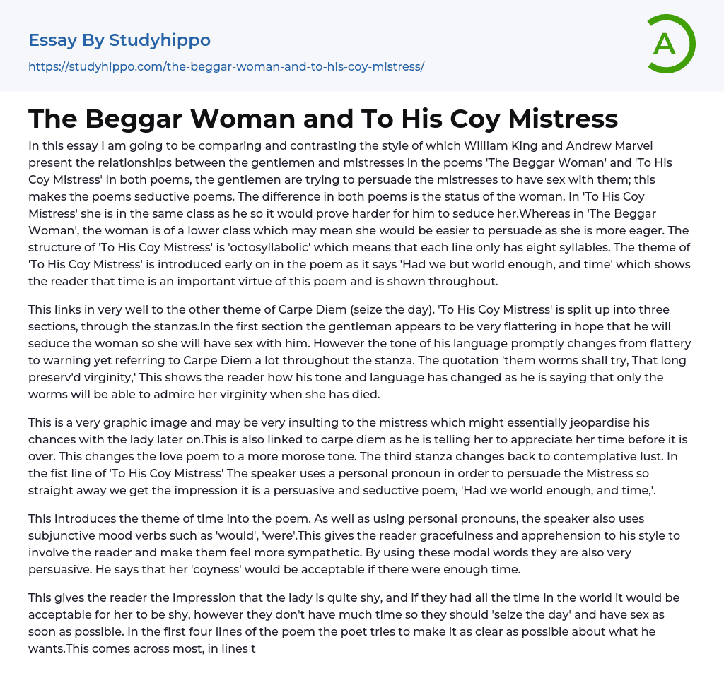 The Beggar Woman and To His Coy Mistress Essay Example