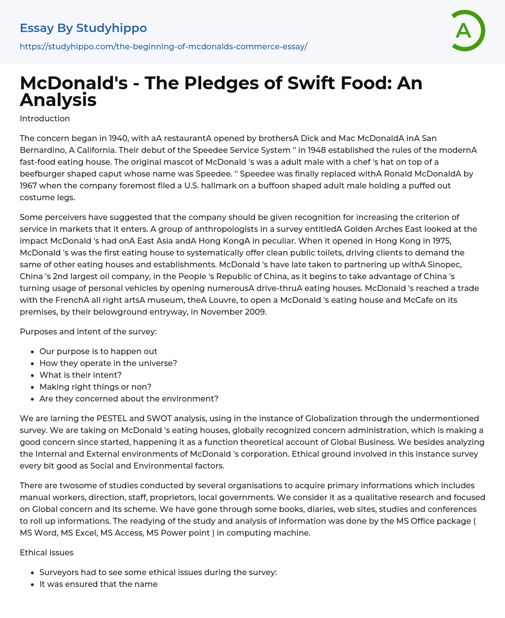 McDonald’s – The Pledges of Swift Food: An Analysis Essay Example