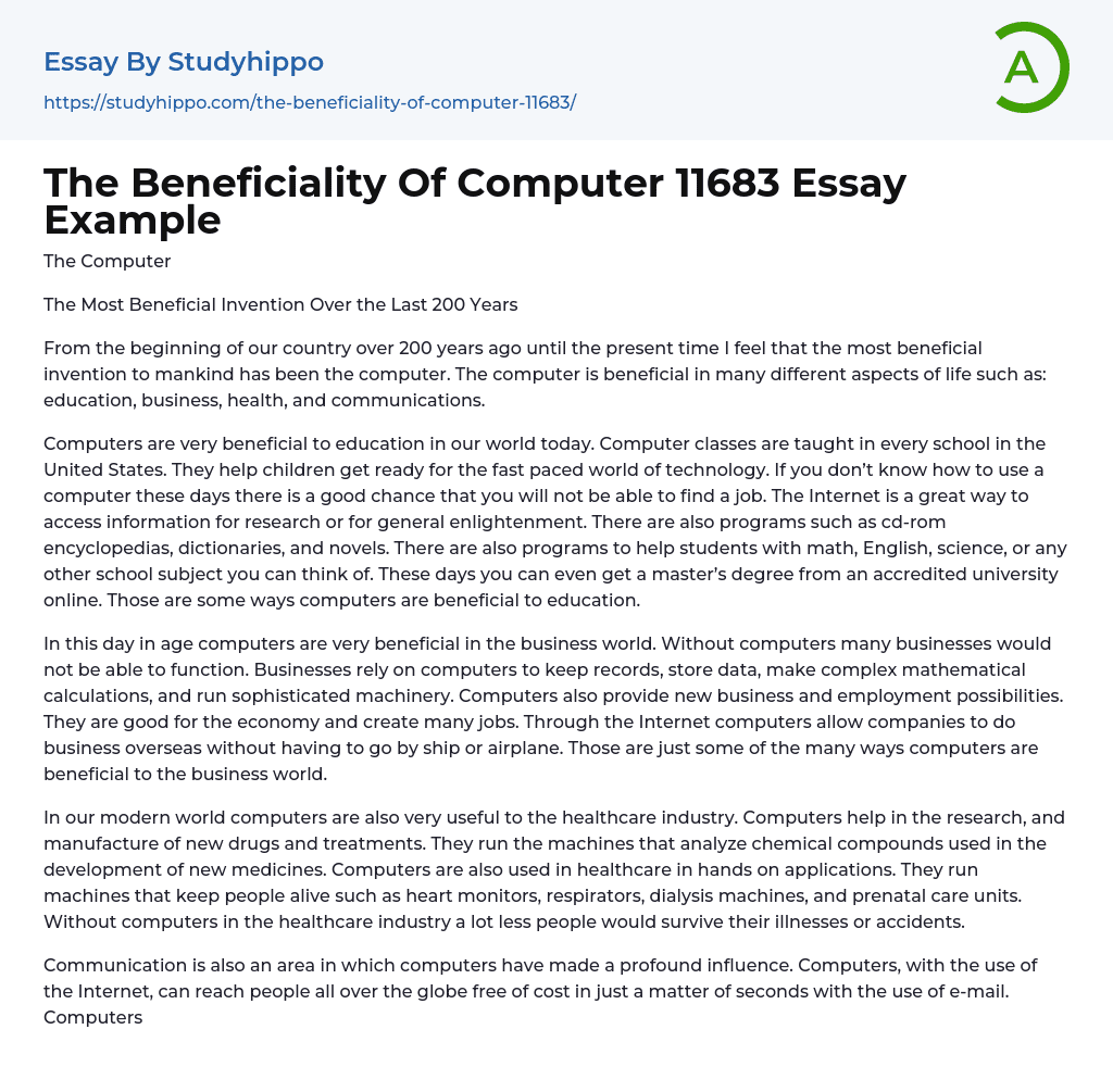 The Beneficiality Of Computer 11683 Essay Example