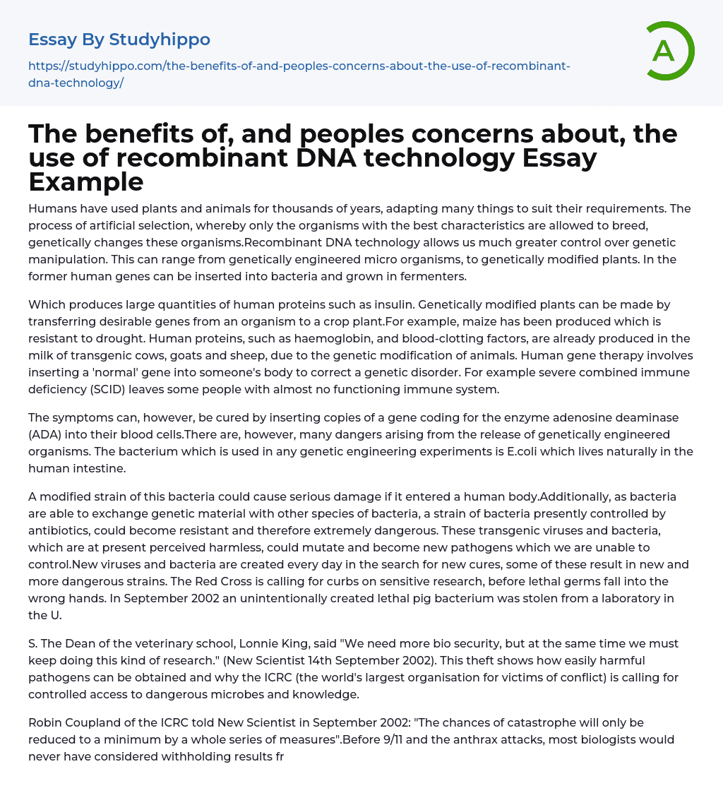 The benefits of, and peoples concerns about, the use of recombinant DNA technology Essay Example