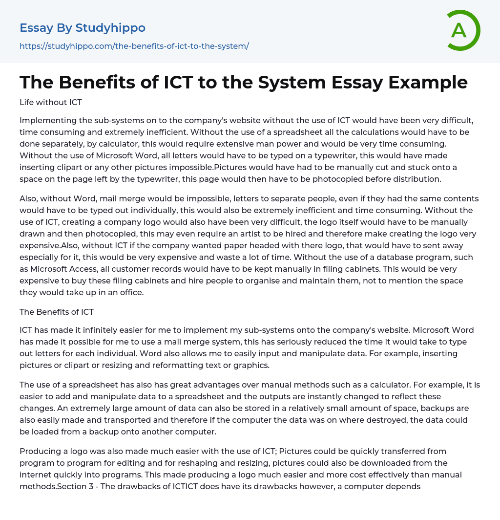The Benefits of ICT to the System Essay Example