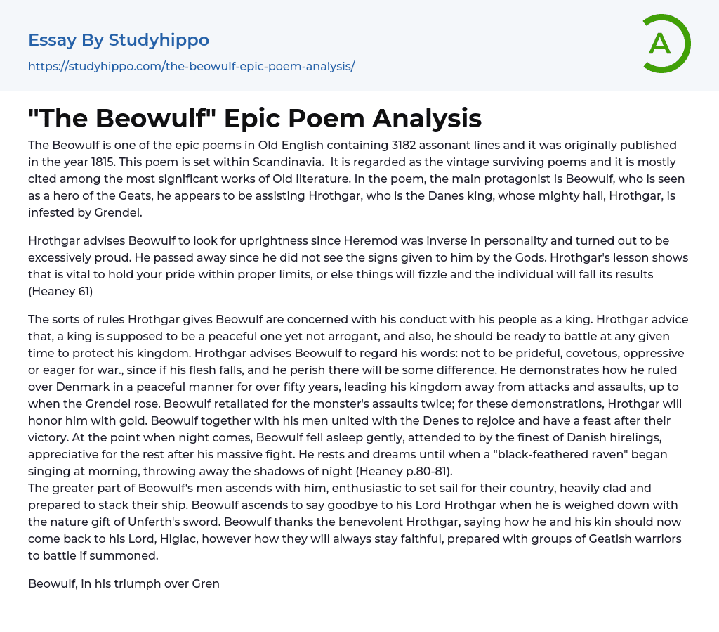 “The Beowulf” Epic Poem Analysis Essay Example