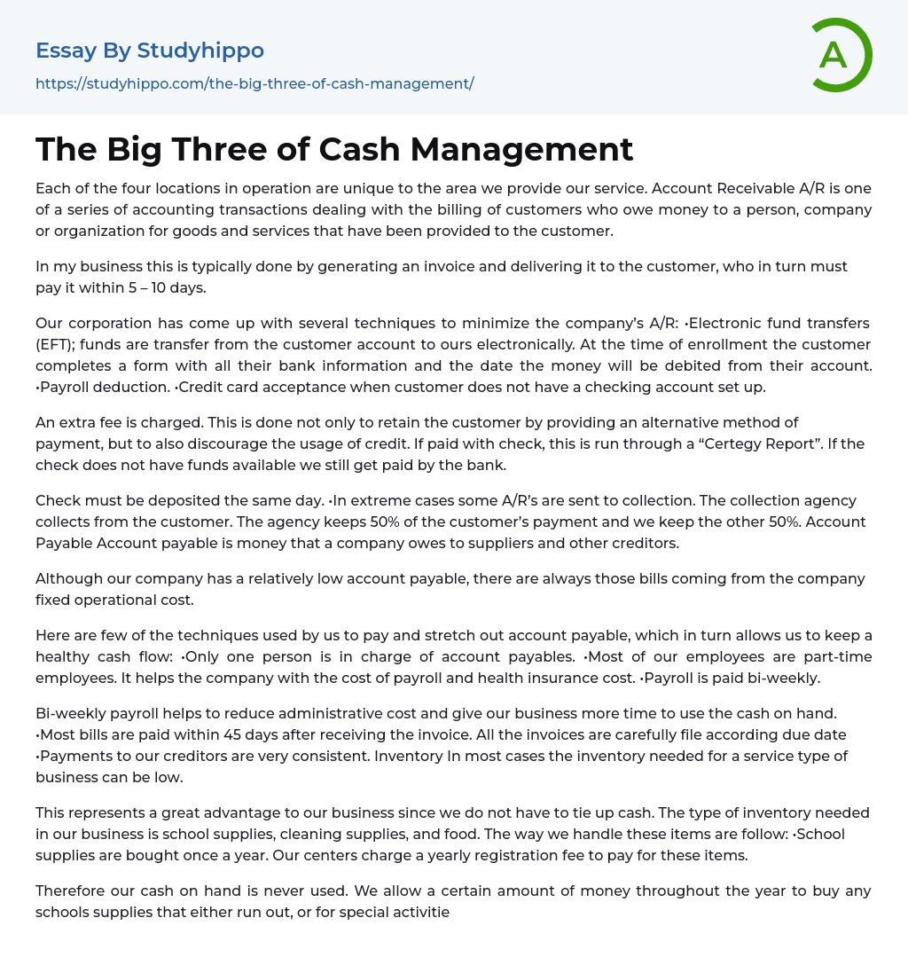 The Big Three of Cash Management Essay Example