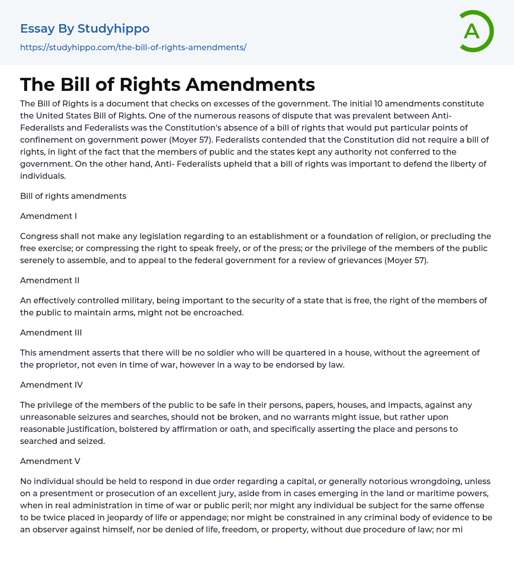 The Bill of Rights Amendments Essay Example