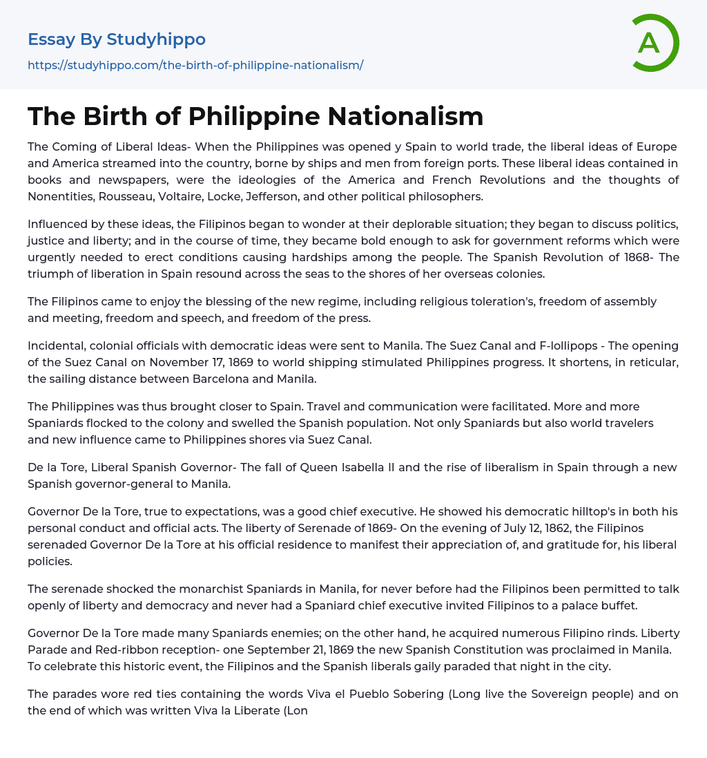 The Birth of Philippine Nationalism Essay Example