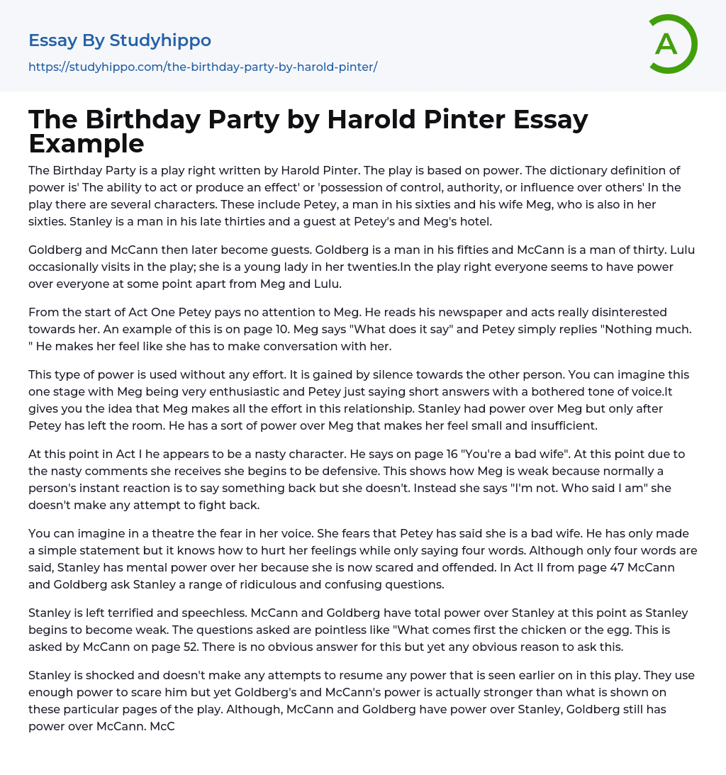 The Birthday Party by Harold Pinter Essay Example