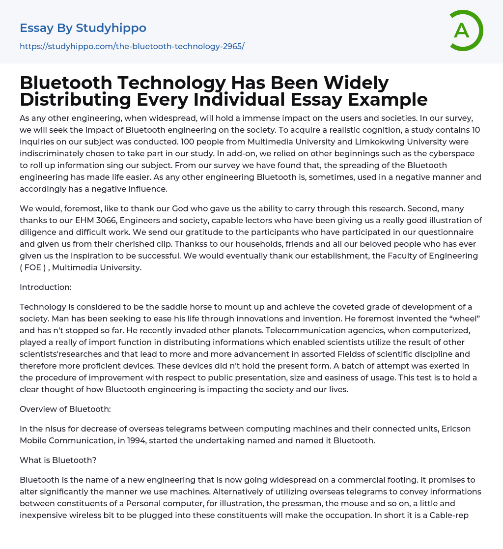 Bluetooth Technology Has Been Widely Distributing Every Individual Essay Example